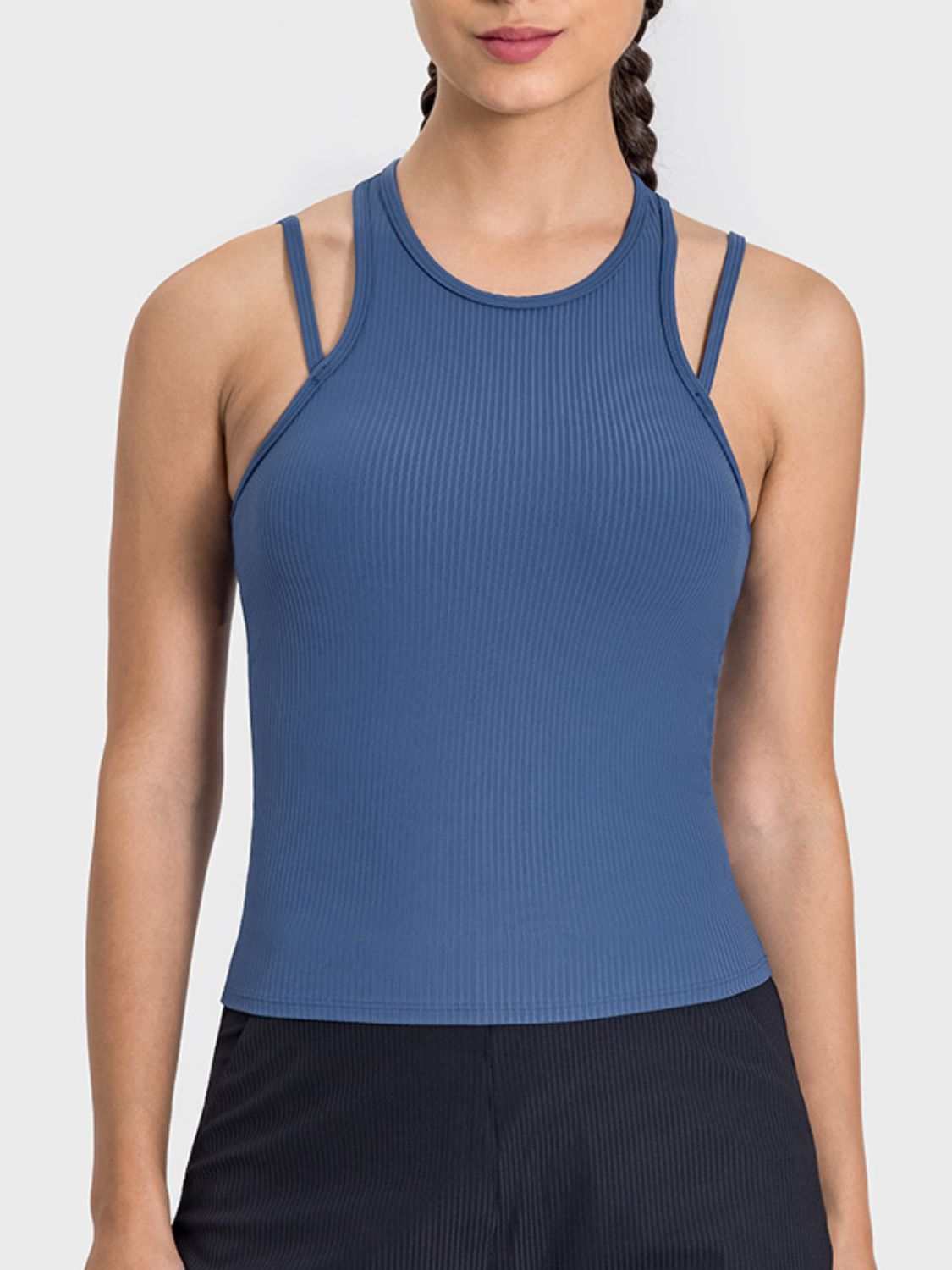 Millennia Cutout Round Neck Racerback Active Tank in blue with moderate stretch and basic style.