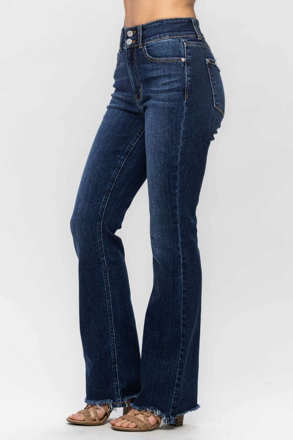 Judy Blue Full Size Frayed Hem Bootcut Jeans - trendy bootcut with frayed hem.