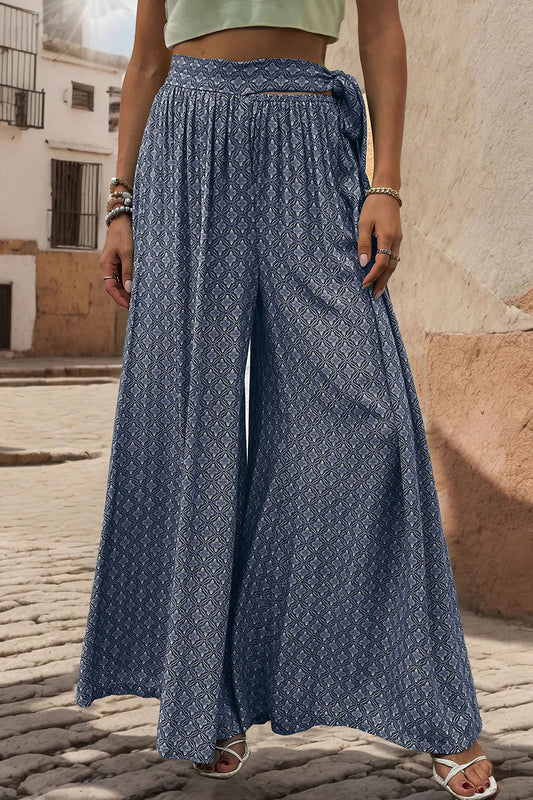 Perfee Printed Tied Wide Leg Pants