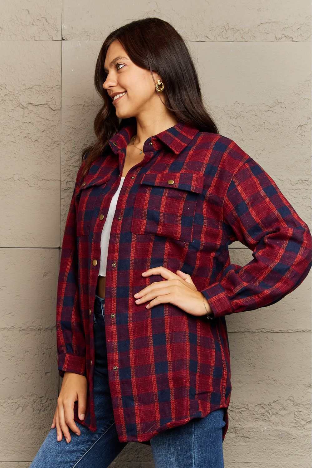 Ninexis Full Size Plaid Collared Neck Button-Down Long Sleeve Jacket Deep Red