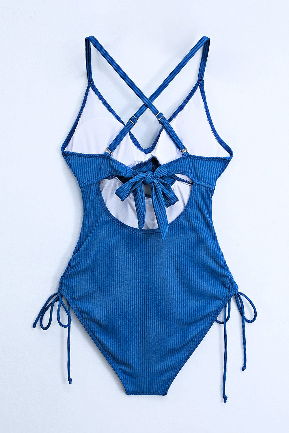 Cutout V-Neck Spaghetti Strap One-Piece Swimwear with crisscross design and removable padding.