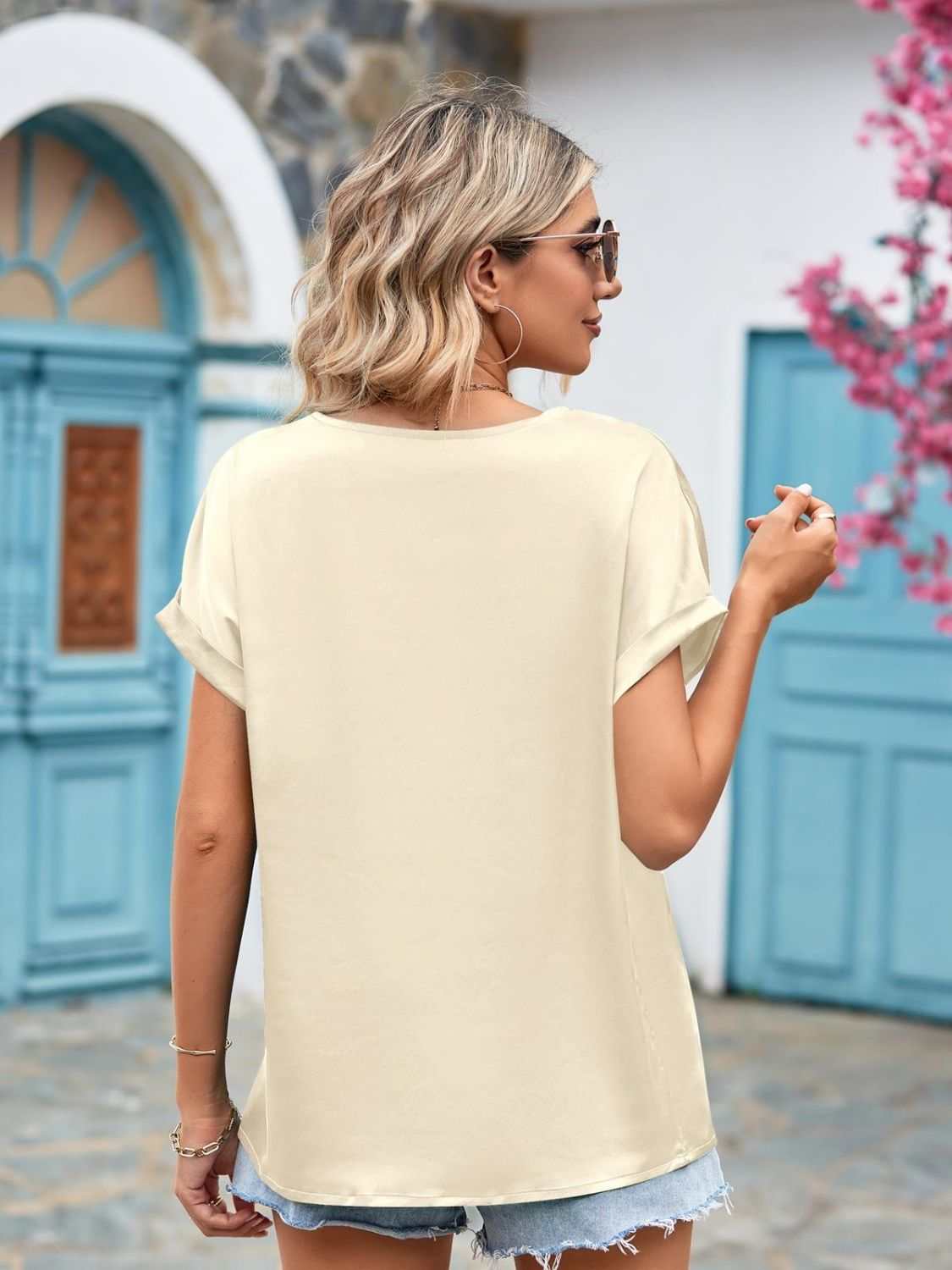 Mandy V-Neck Cuffed Blouse