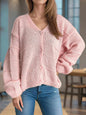 Pink Button Down V-Neck Long Sleeve Cardigan in slightly stretchy knit fabric.