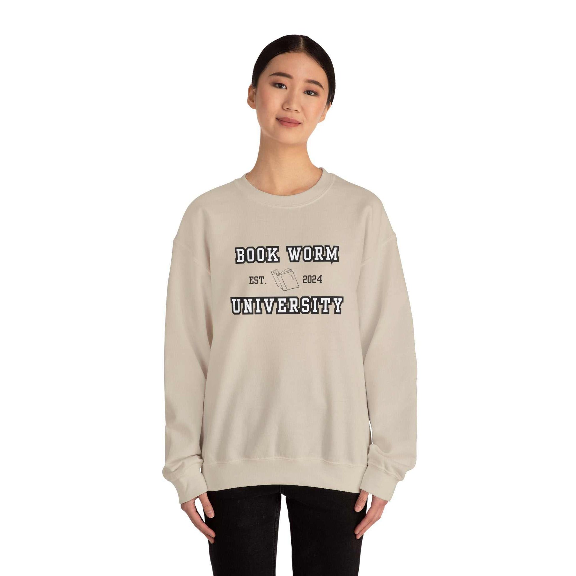 Bookworm University Crewneck Sweatshirt with Est 2024 design, classic fit, medium-heavy cotton polyester blend.