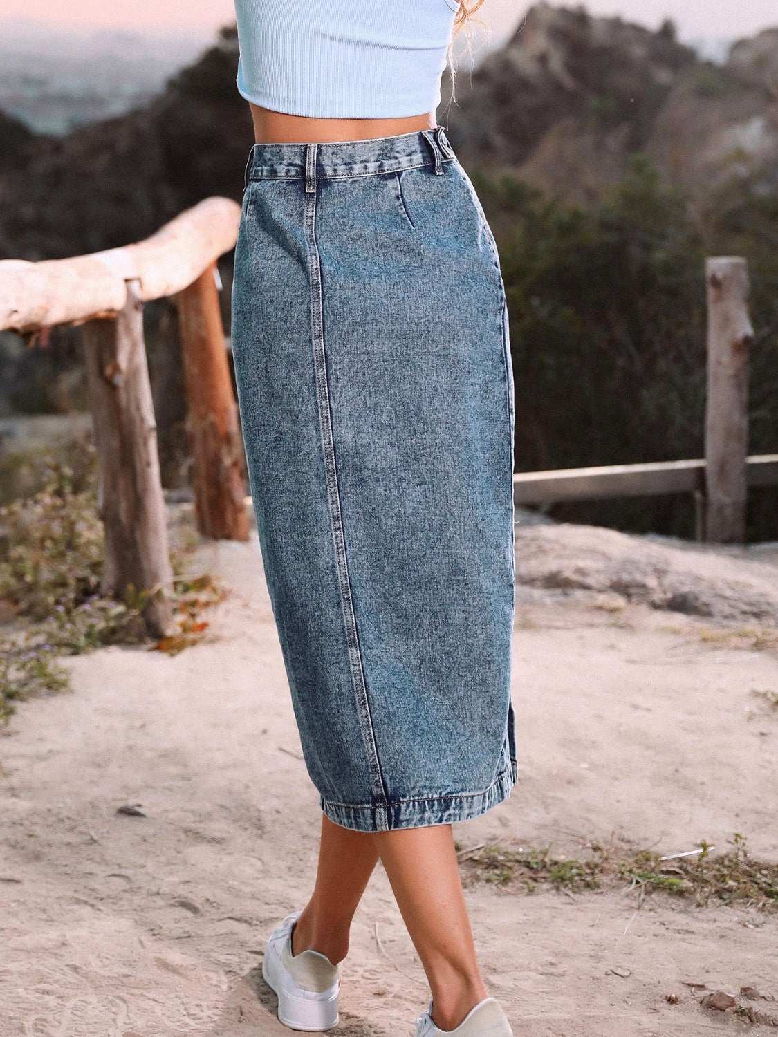 Button Down Denim Skirt Navy Blue