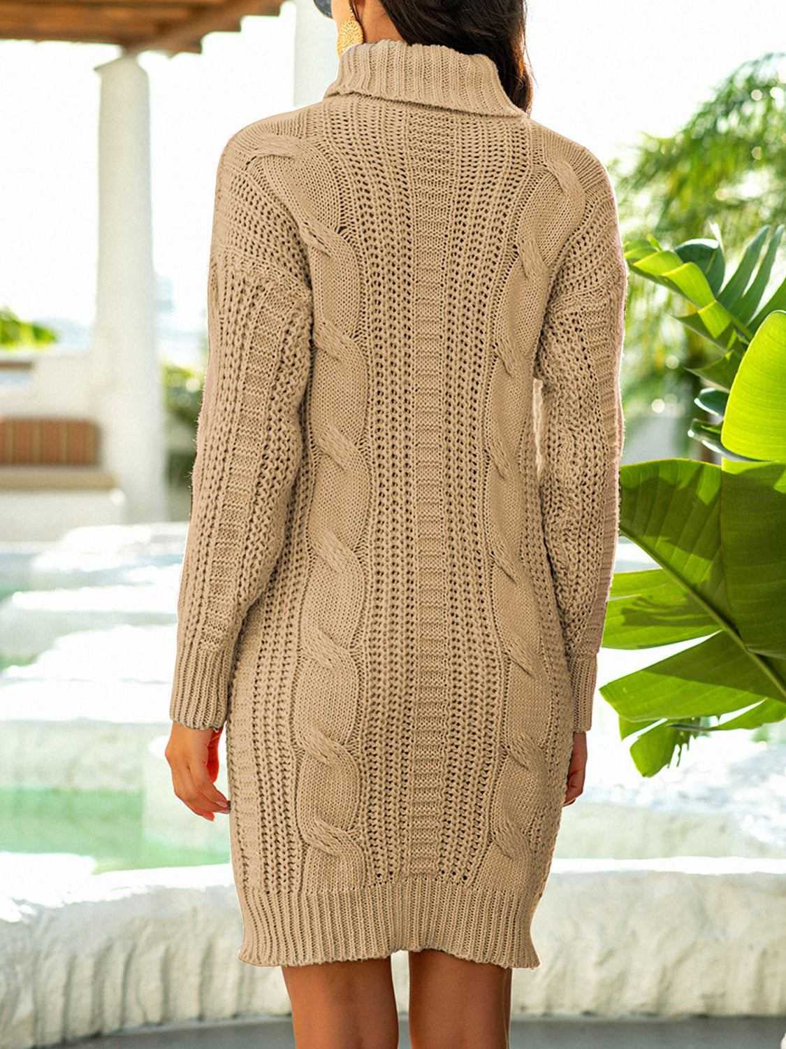 Turtleneck Ribbed Sweater Dress Khaki