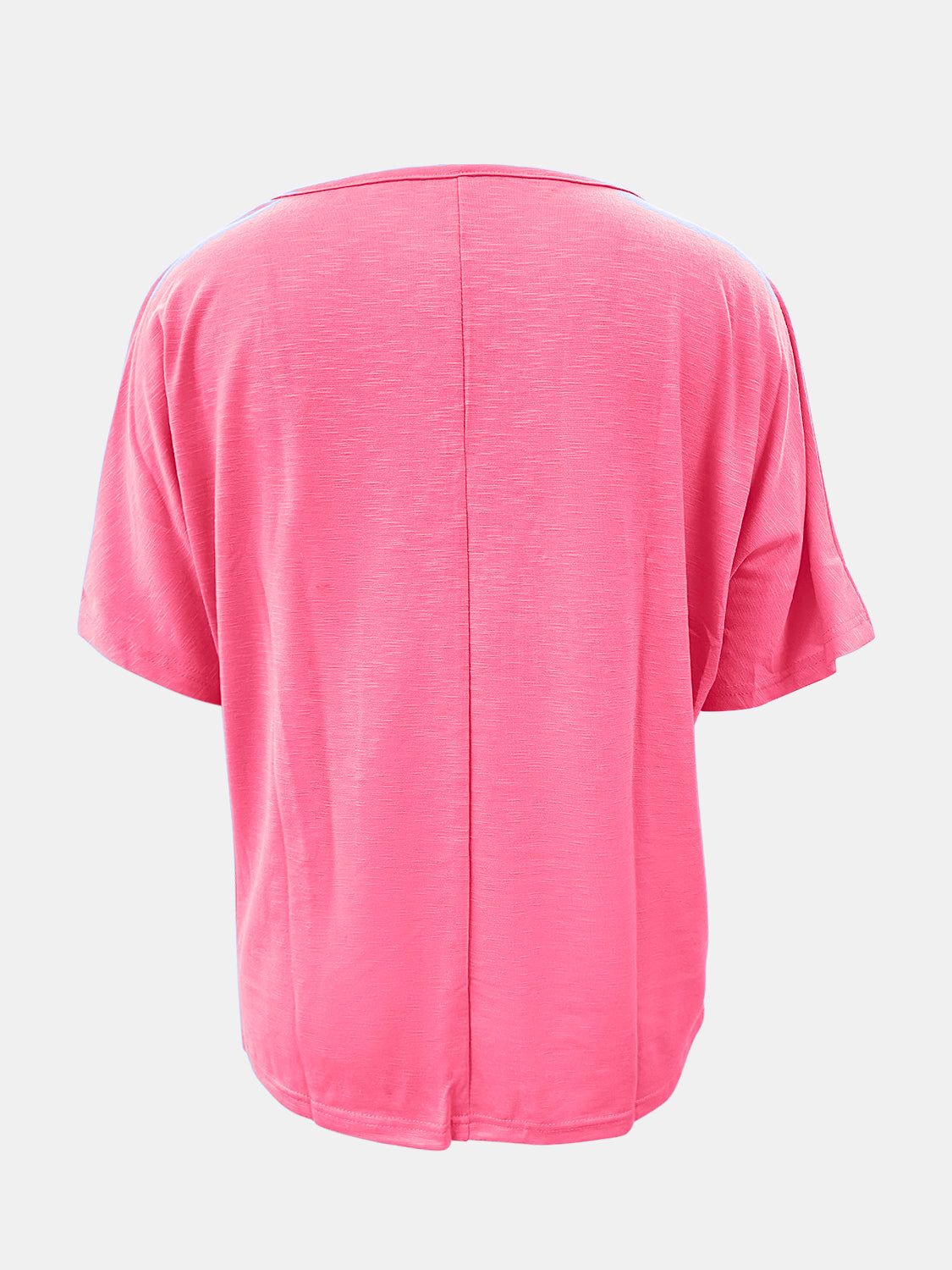 Full-size scoop neck short sleeve t-shirt in pink, made of 100% polyester, shown from the back.