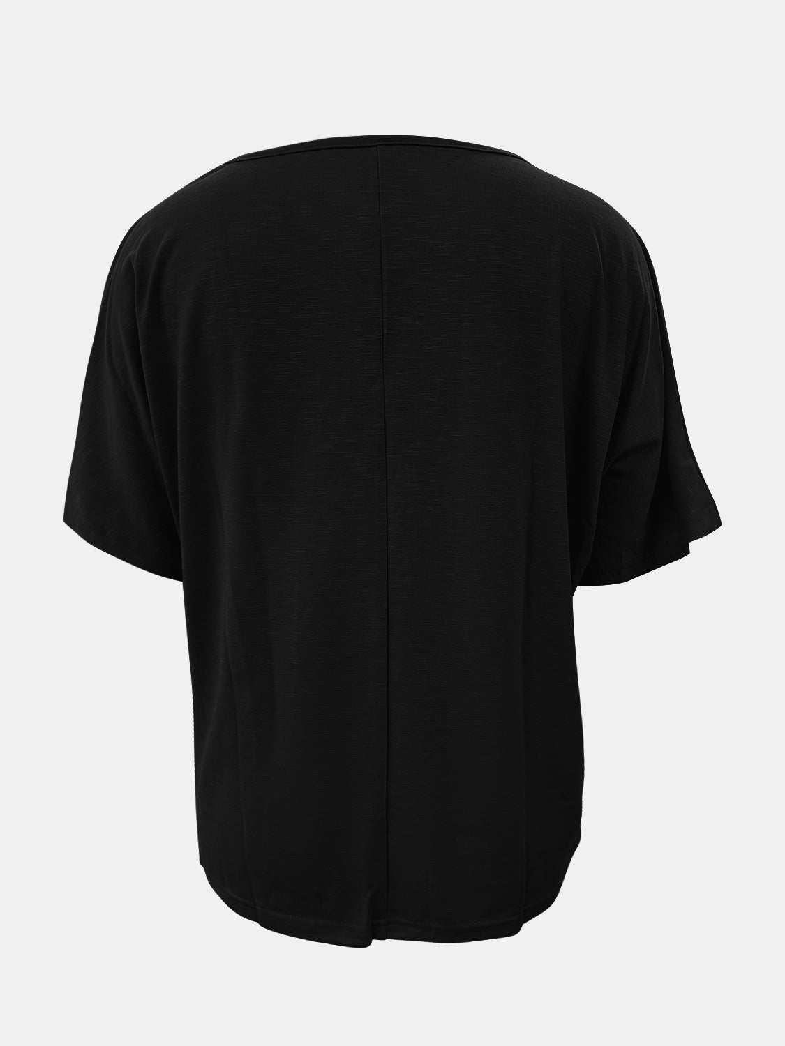 Full size scoop neck short sleeve black T-shirt with a basic style, no stretch, made of 100% polyester.