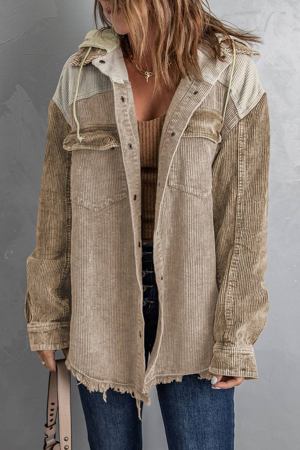 Snap Front Hooded Corduroy Shacket Dust Storm