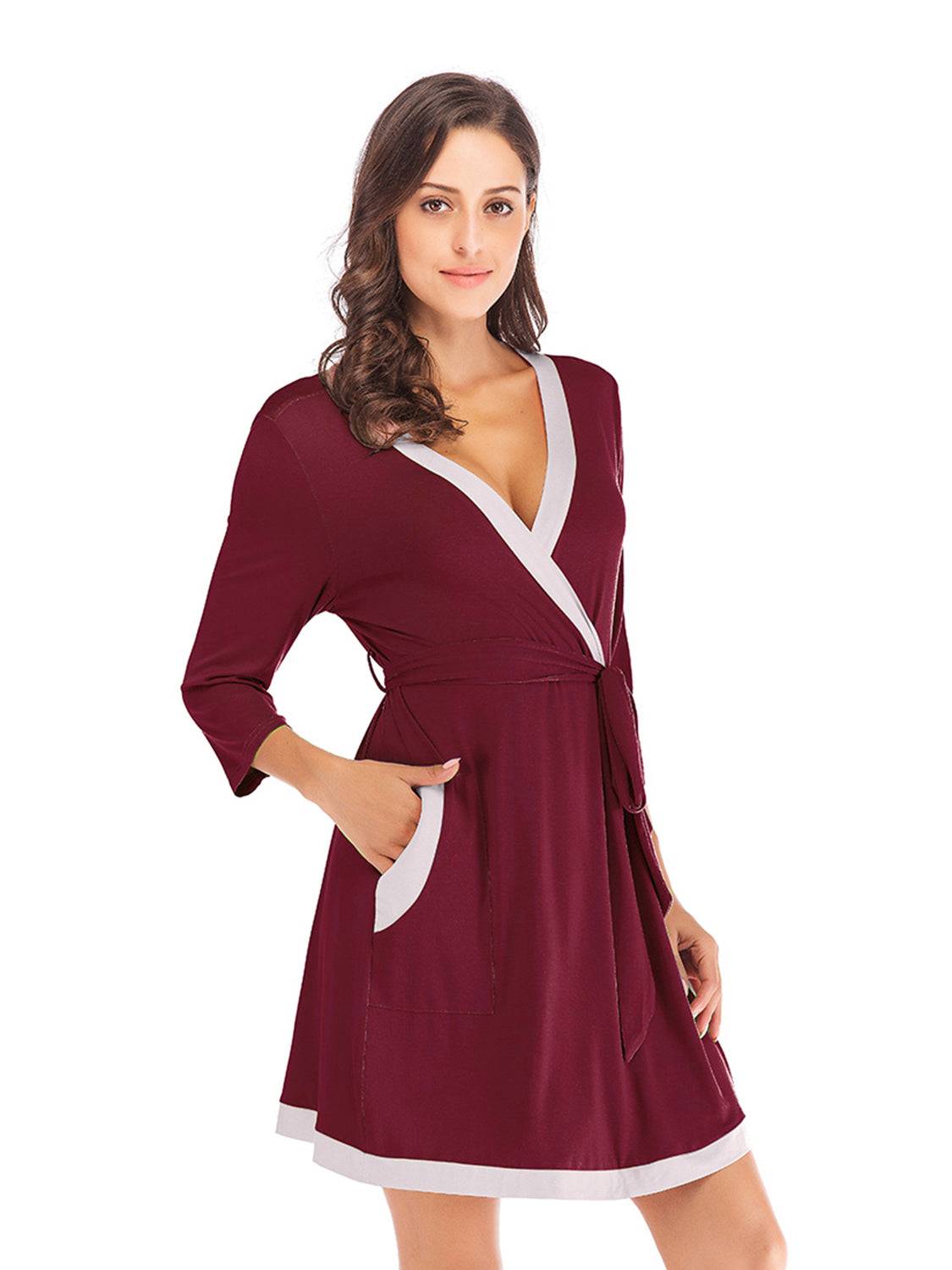 Tie waist surplice neck robe with pockets, maroon, slightly stretchy cotton blend, available in multiple sizes.