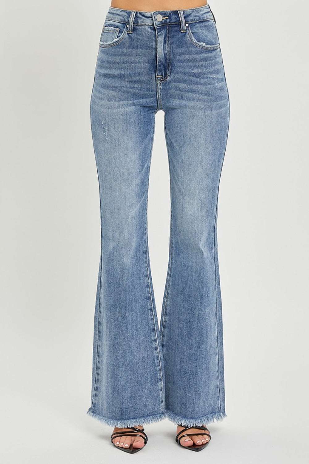 RISEN full size high waist raw hem flare jeans with retro style and chic design.