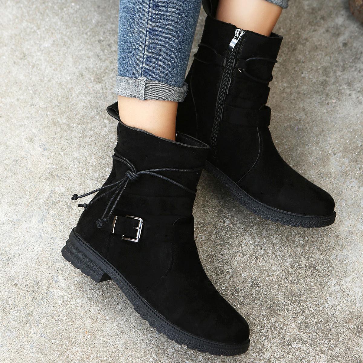 Suede Side Zip Round Toe Boots Black