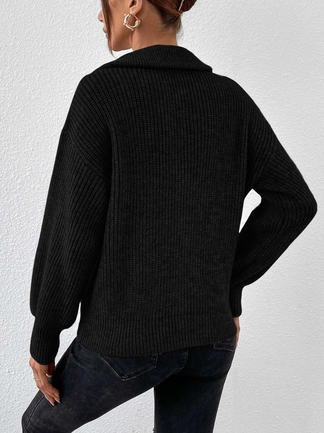 Honey Half Zip Dropped Shoulder Sweater Black