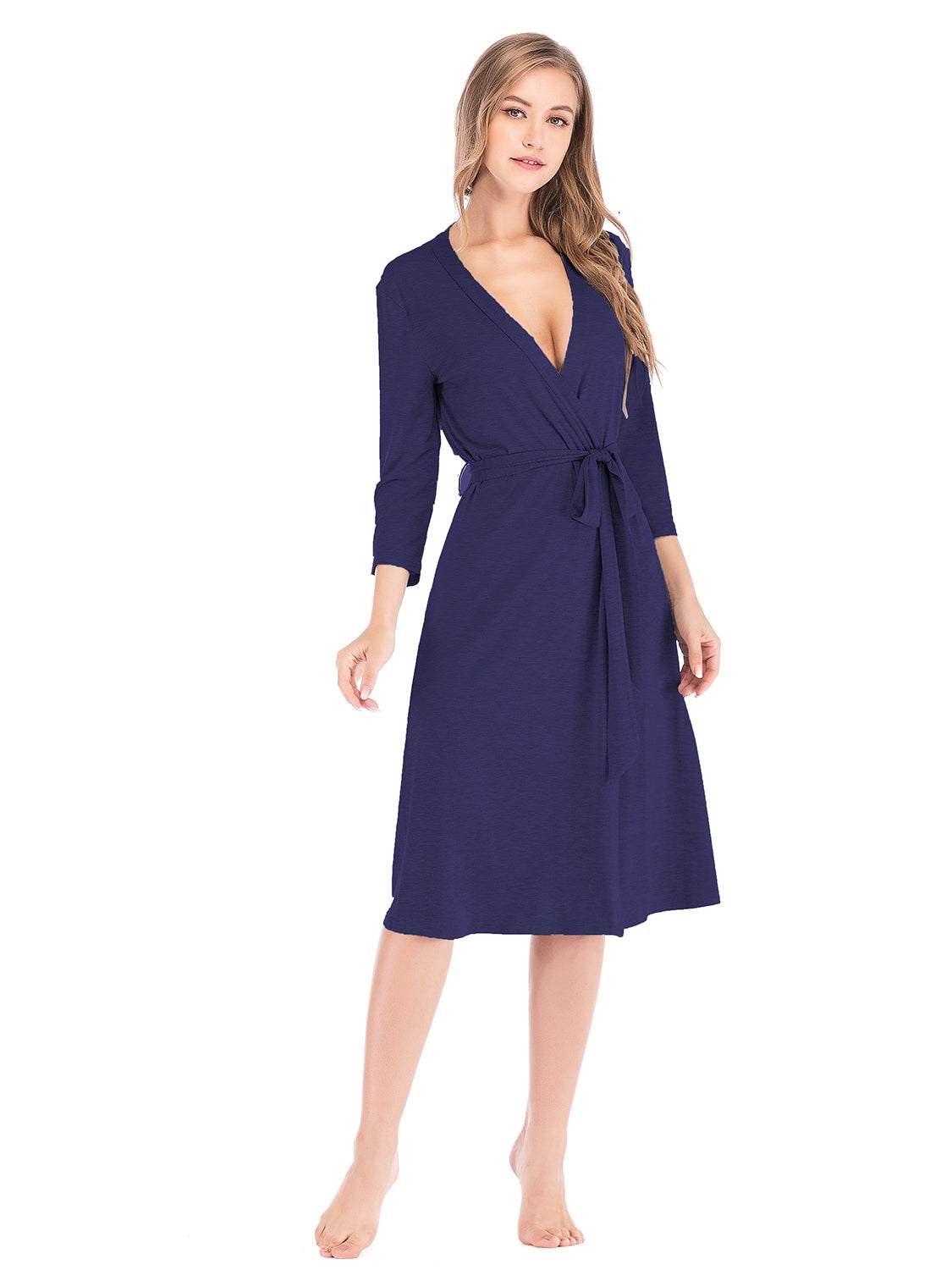 Plunge tie front night dress in navy, slightly stretchy cotton-spandex blend.