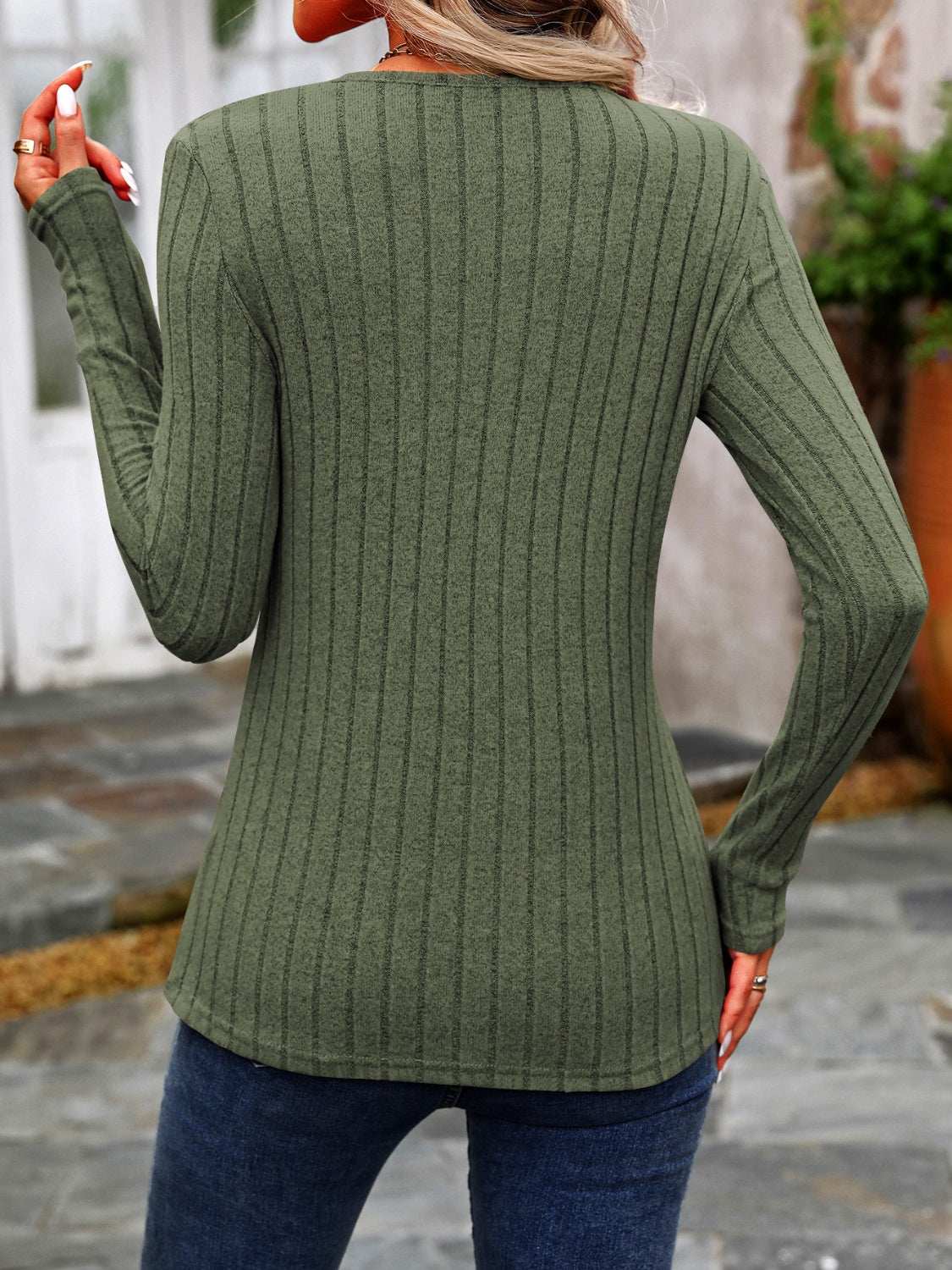 Decorative Button Round Neck Long Sleeve T-Shirt Moss