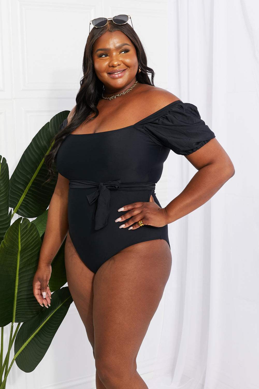 Marina West Swim Salty Air Black Puff Sleeve One-Piece Swimsuit with Square Neck and Optional Tie Belt.