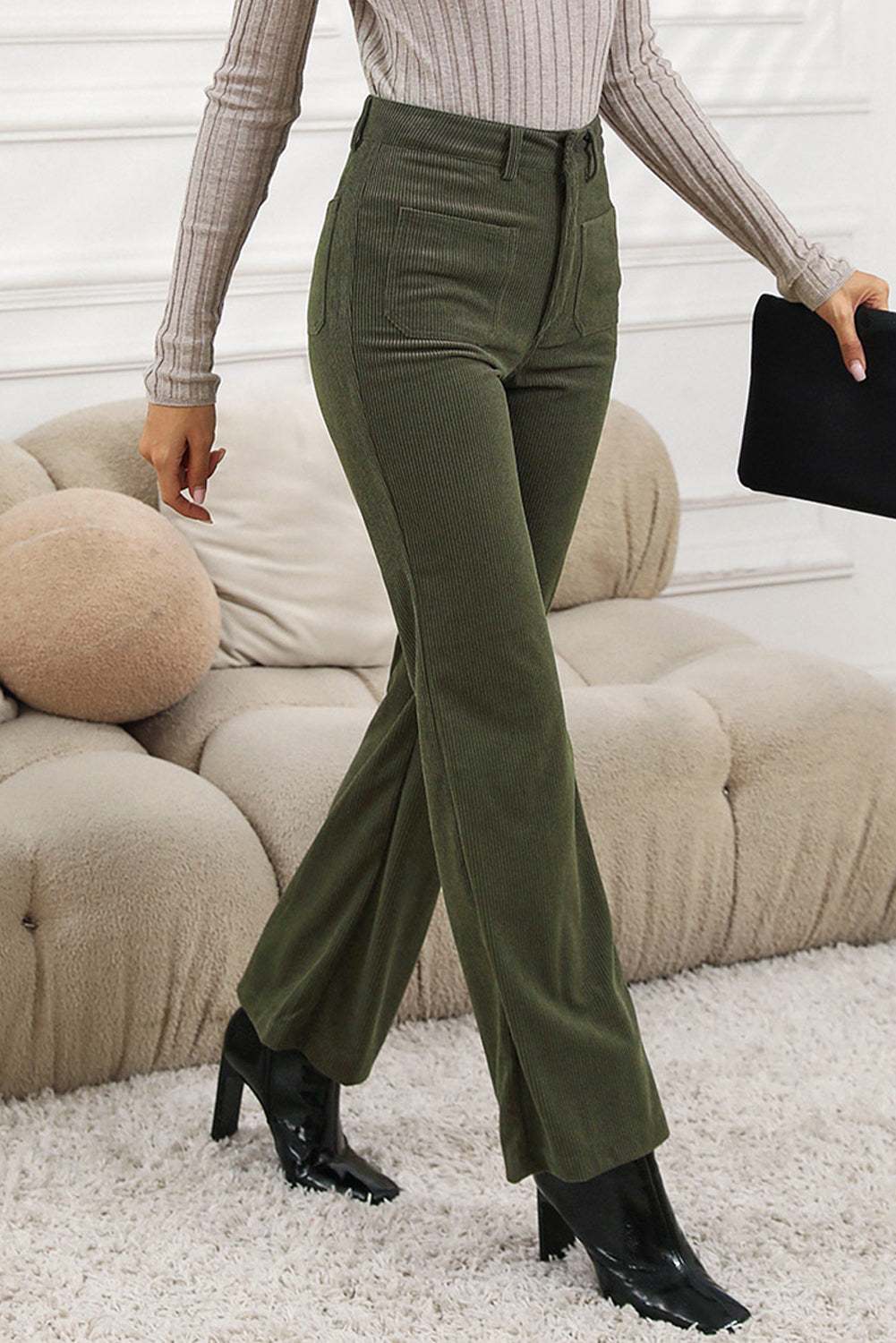 Pocketed High Waist Straight Leg Pants Moss