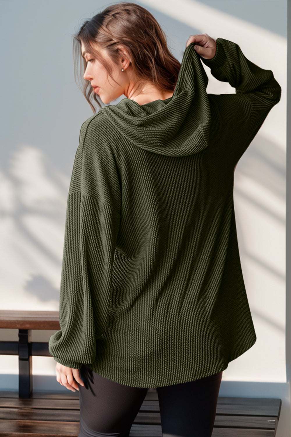 Double Take Full Size Half Button Long Sleeve Hoodie Moss