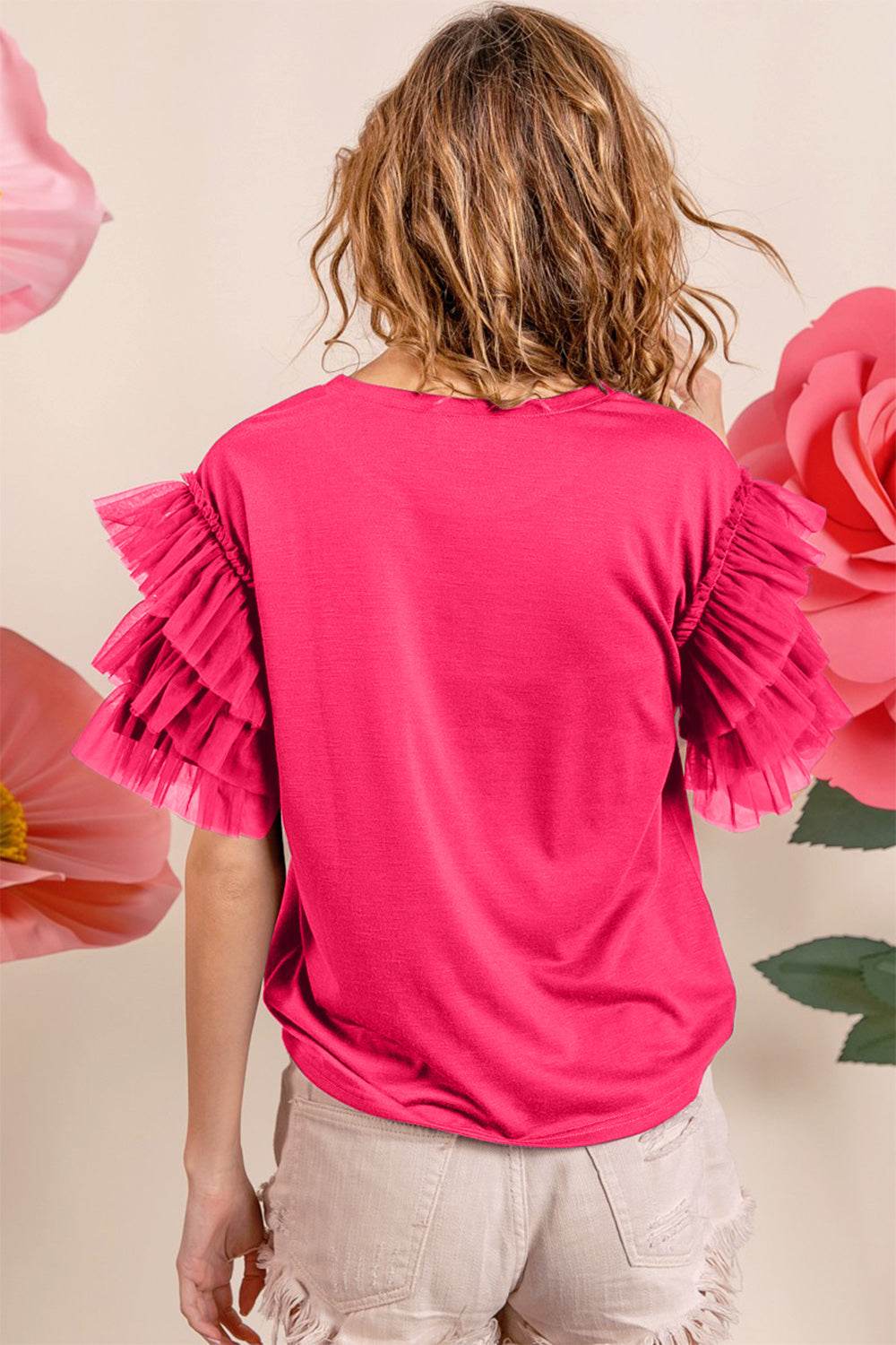 BiBi Ruffle Mesh Lace Layered Short Sleeve Top in pink with ruffle detailing, back view.