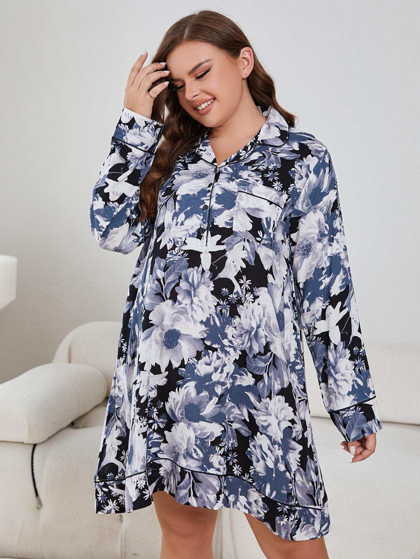 Plus size floral long sleeve night dress with lapel collar and pockets.