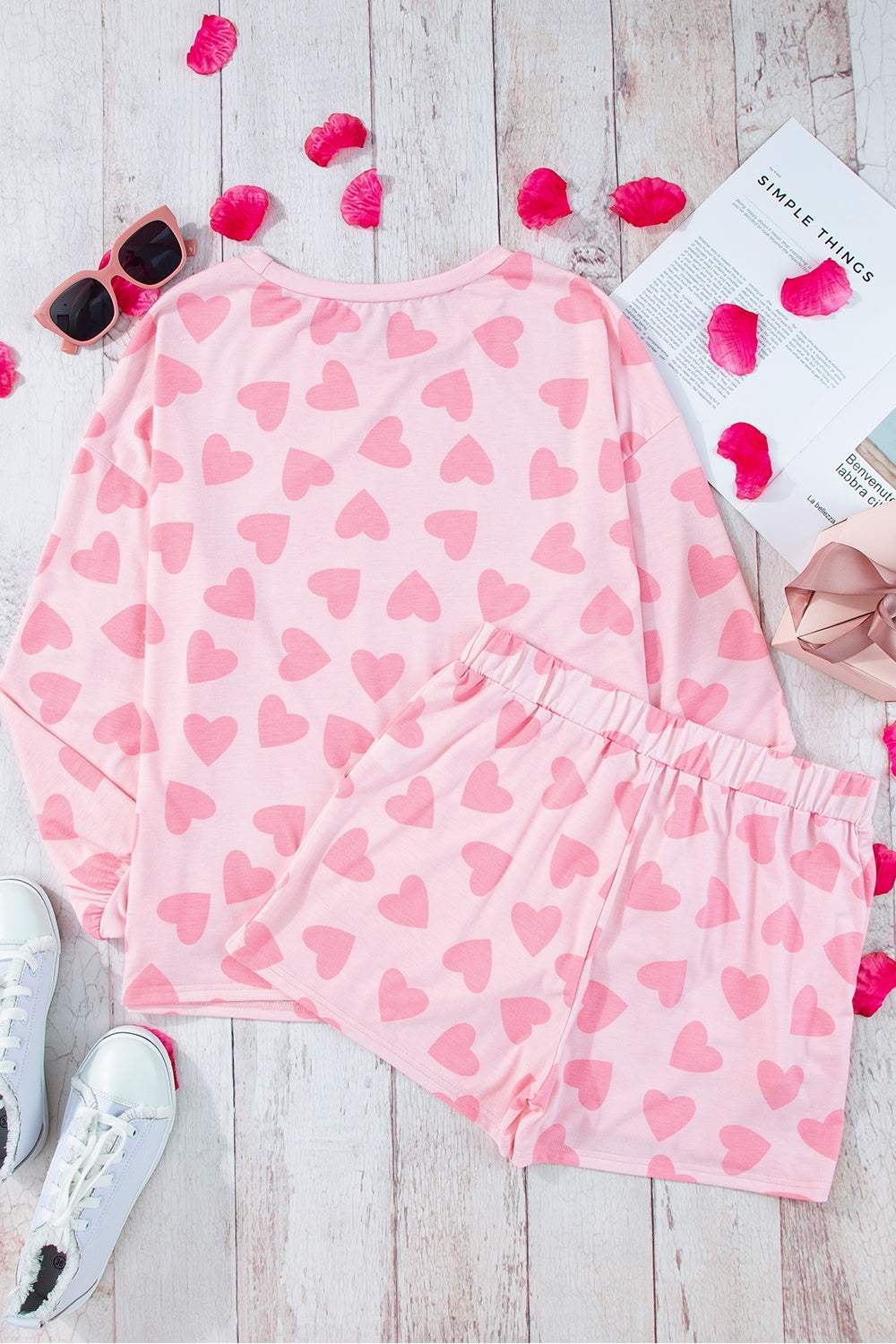 Heart print round neck lounge set, pink top and shorts, basic style, slightly stretchy, polyester elastane blend.