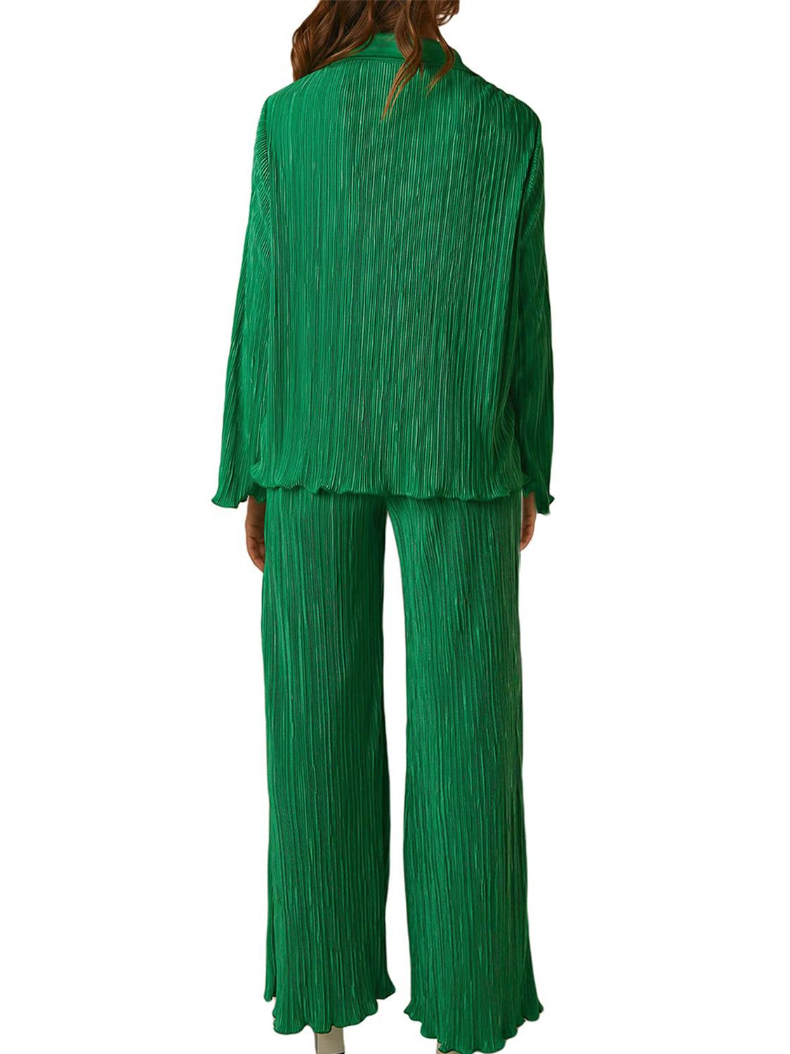 Green collared neck long sleeve top and pants lounge set made of 100% polyester, buttoned, two-piece, opaque, no stretch.