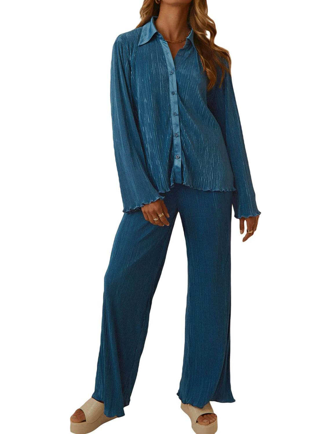 Collared Neck Long Sleeve Top and Pants Lounge Set in blue, buttoned design, 100% polyester.