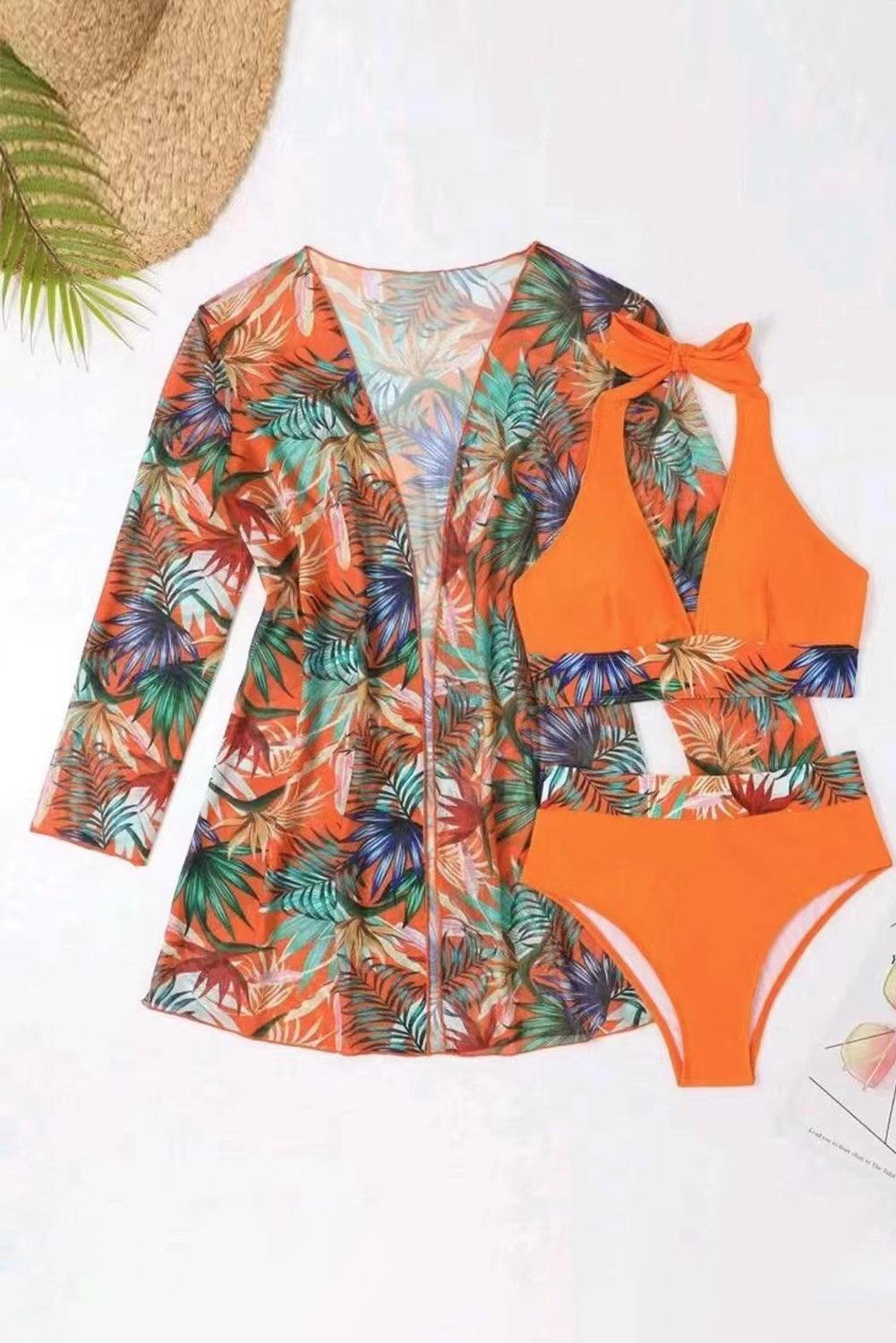 Printed Halter Neck Three-Piece Swim Set, tropical design, removable padding, stretchy fabric.