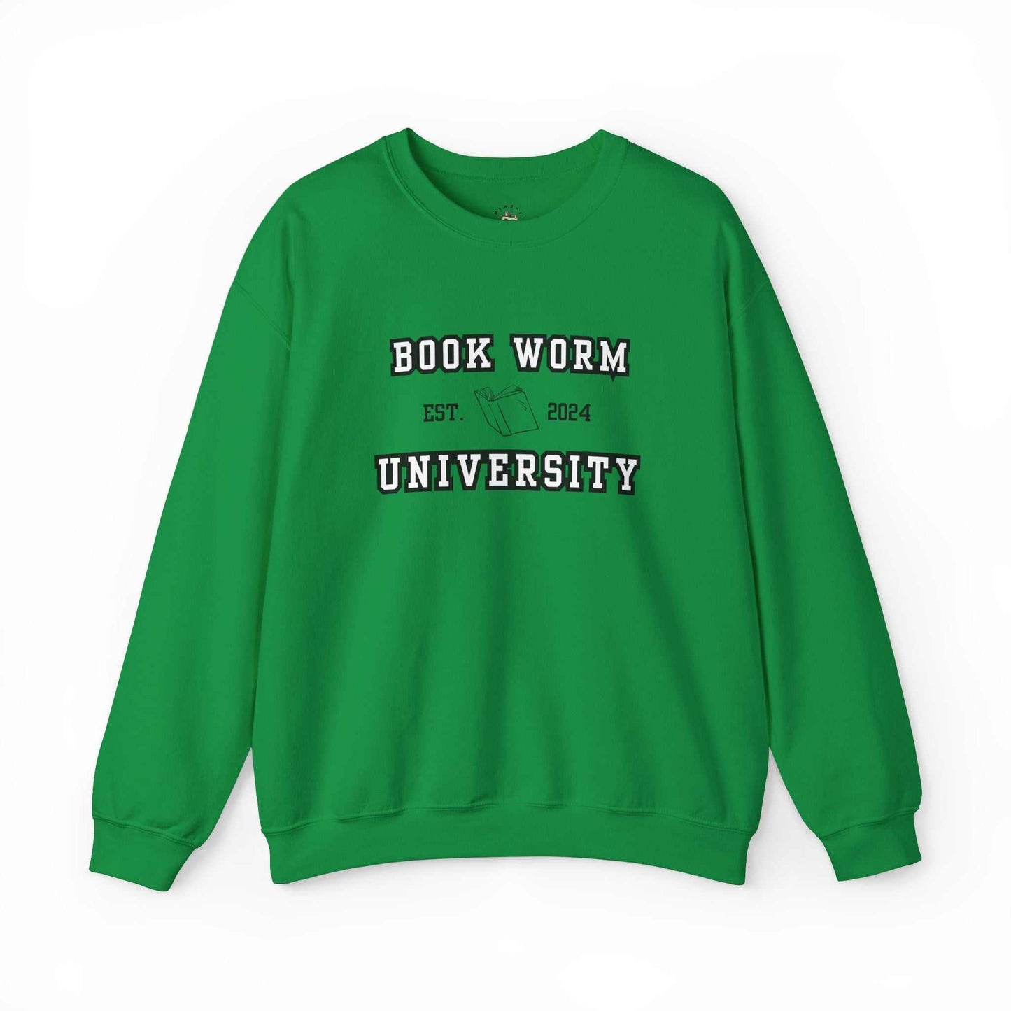 Green Bookworm University crewneck sweatshirt with "Est 2024" design and book graphic.