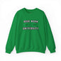 Green Bookworm University crewneck sweatshirt with "Est 2024" design and book graphic.