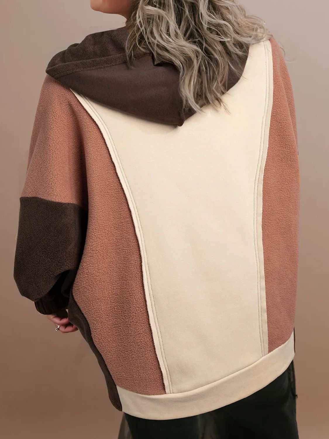 Plus size color block long sleeve hoodie in brown and beige.