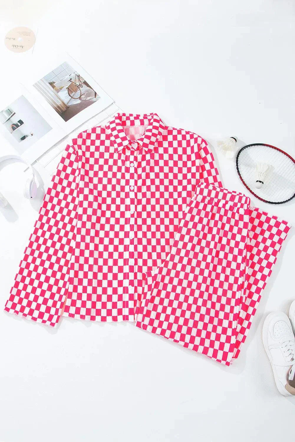 Checkered button-up top and pants lounge set in red and white, two-piece, 100% polyester.