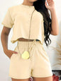 Full Size Round Neck Short Sleeve Top and Shorts Set with Pockets, Tied Waist, 100% Polyester