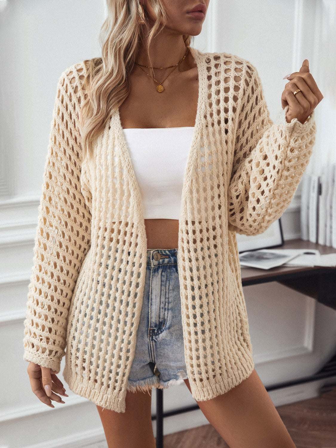 Openwork Open Front Long Sleeve Cardigan Tan