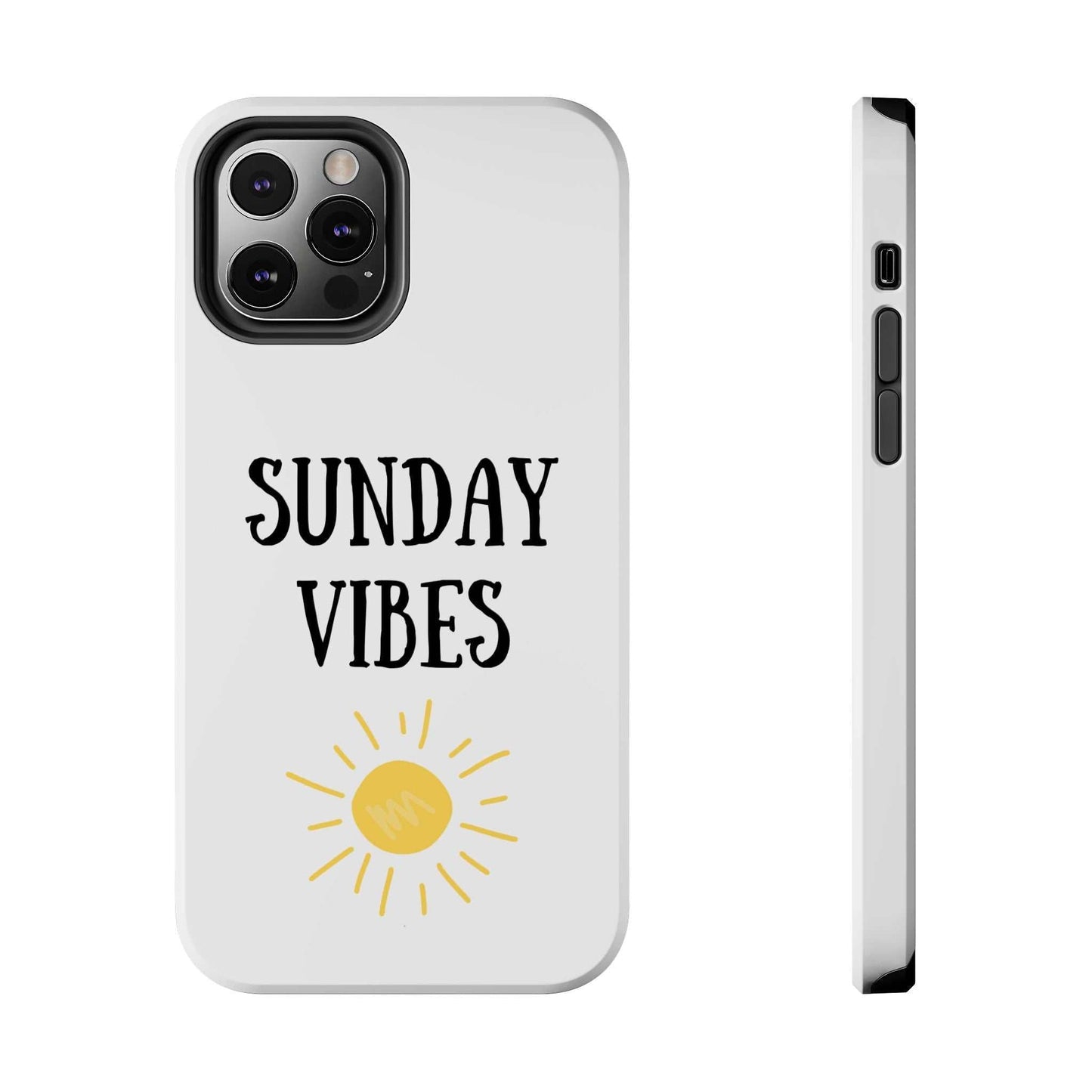 Sunday Vibes phone case with sun graphic design, durable Lexan plastic, glossy finish.