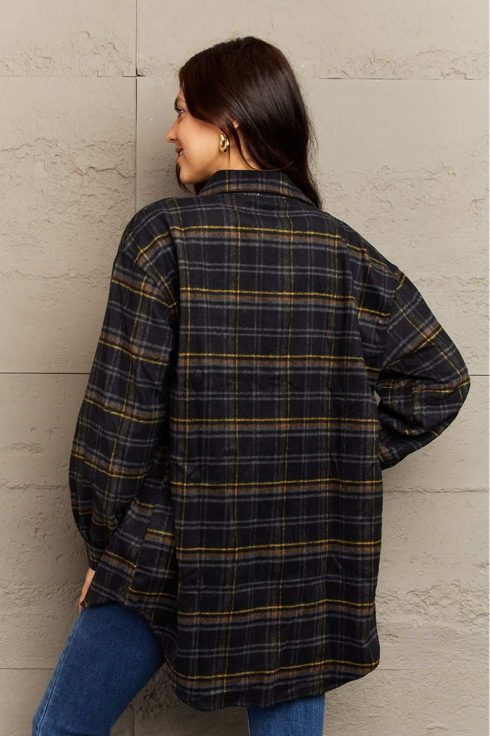 Ninexis Full Size Plaid Collared Neck Button-Down Long Sleeve Jacket Black