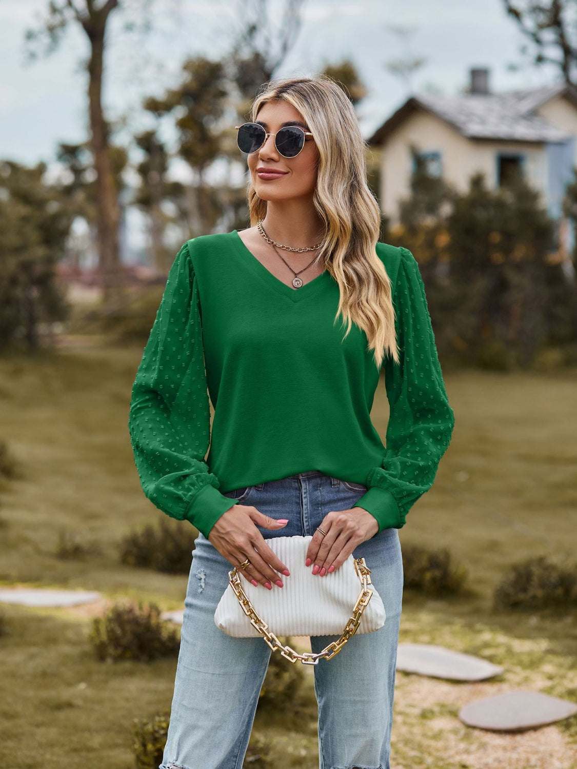 Swiss Dot V-Neck Long Sleeve Blouse