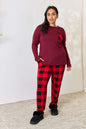 Zenana Full Size Plaid Round Neck Top and Pants Pajama Set, cozy two-piece with side slits and drawstring elastic waist.