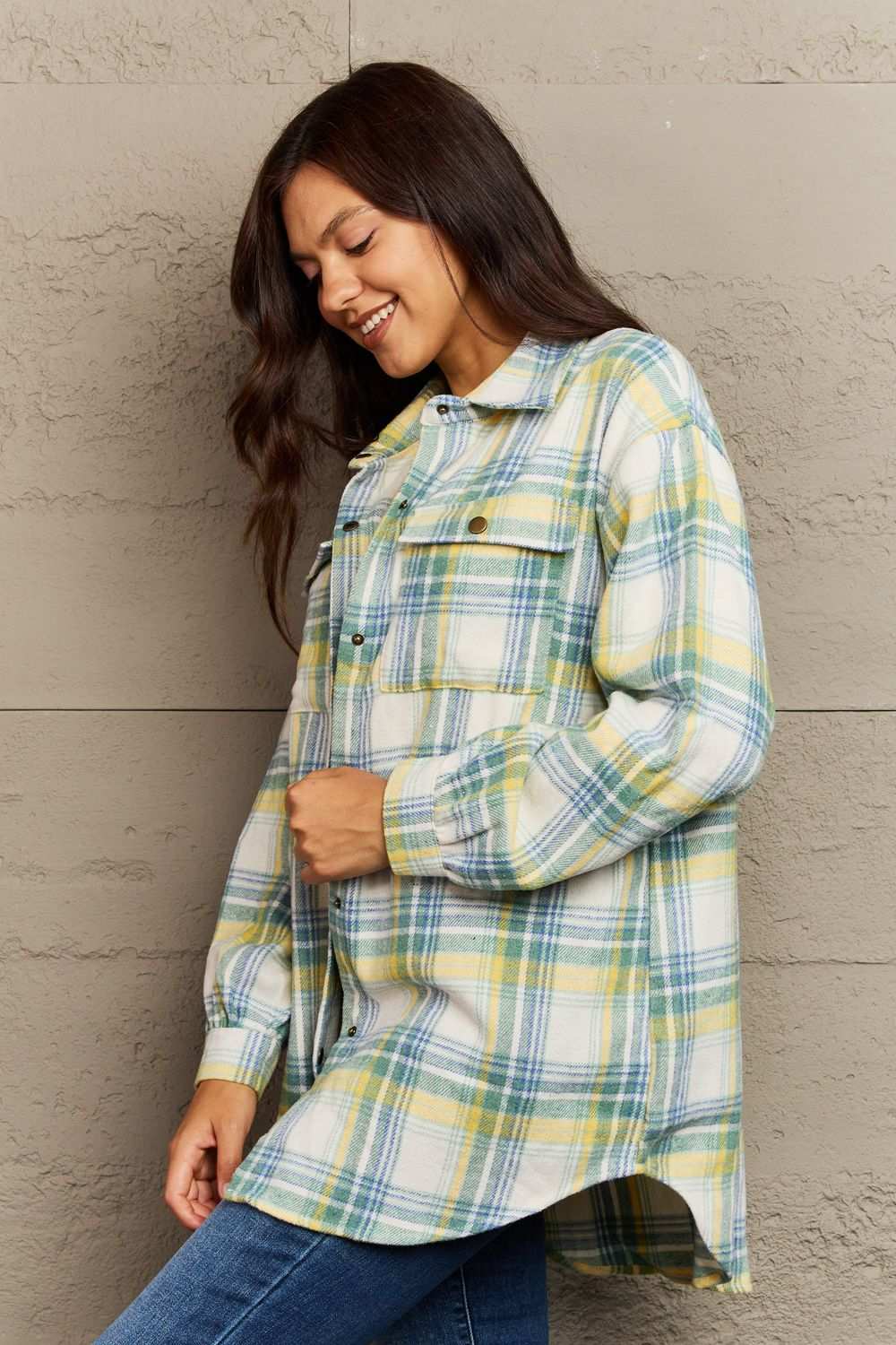 Ninexis Full Size Plaid Collared Neck Button-Down Long Sleeve Jacket Gum Leaf