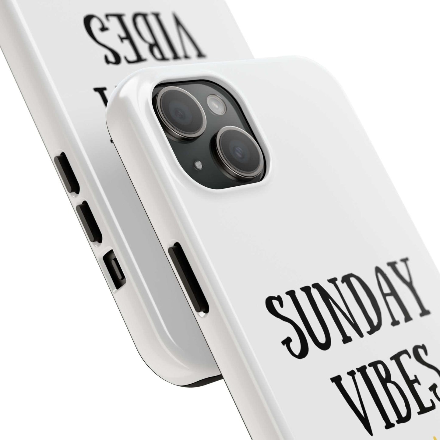 Phone case with 'Sunday Vibes' sun graphic design, durable Lexan plastic material