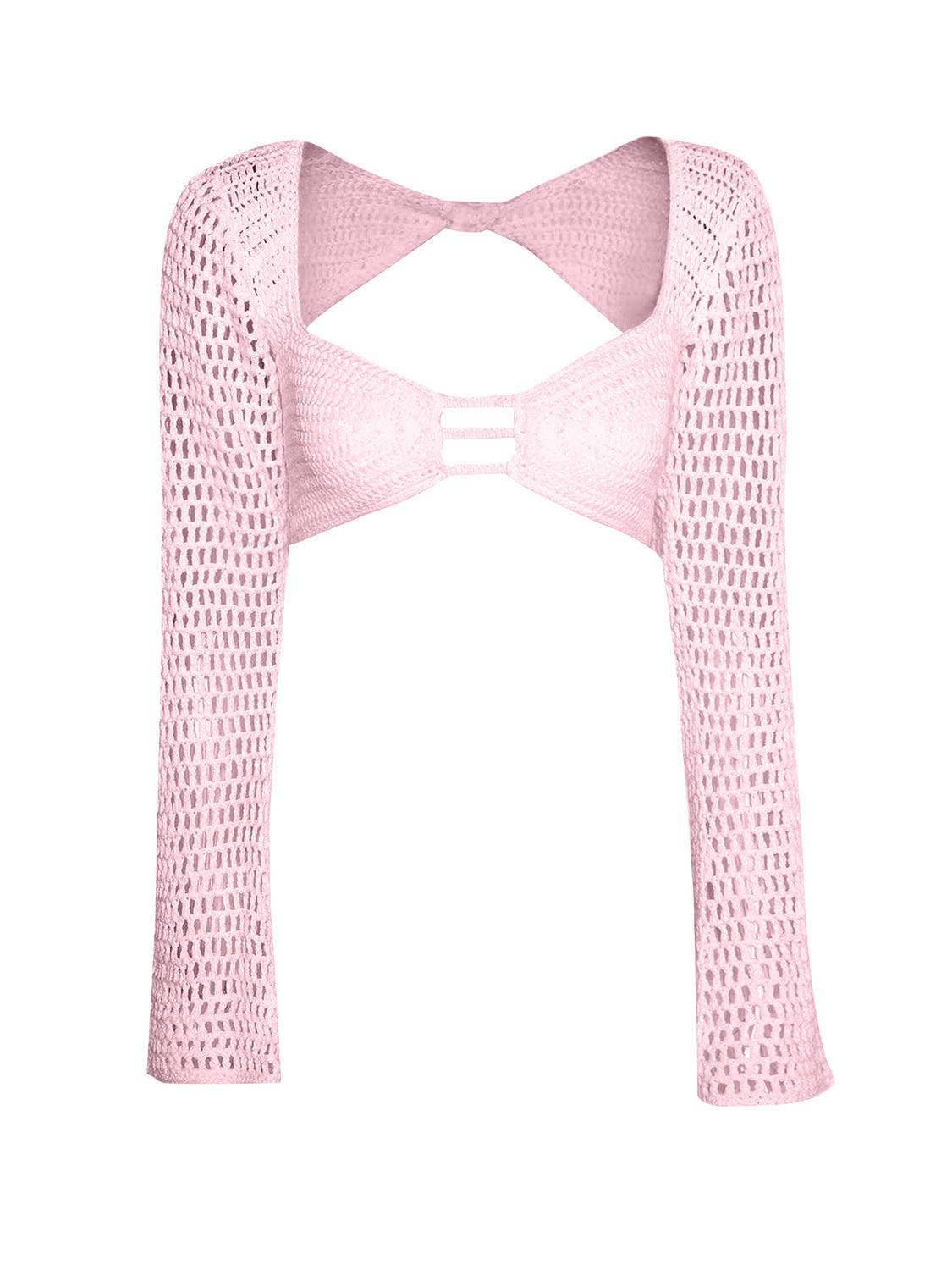 Tied Long Sleeve Top in openwork design, pink, two-piece set, no padding, highly stretchy polyester.