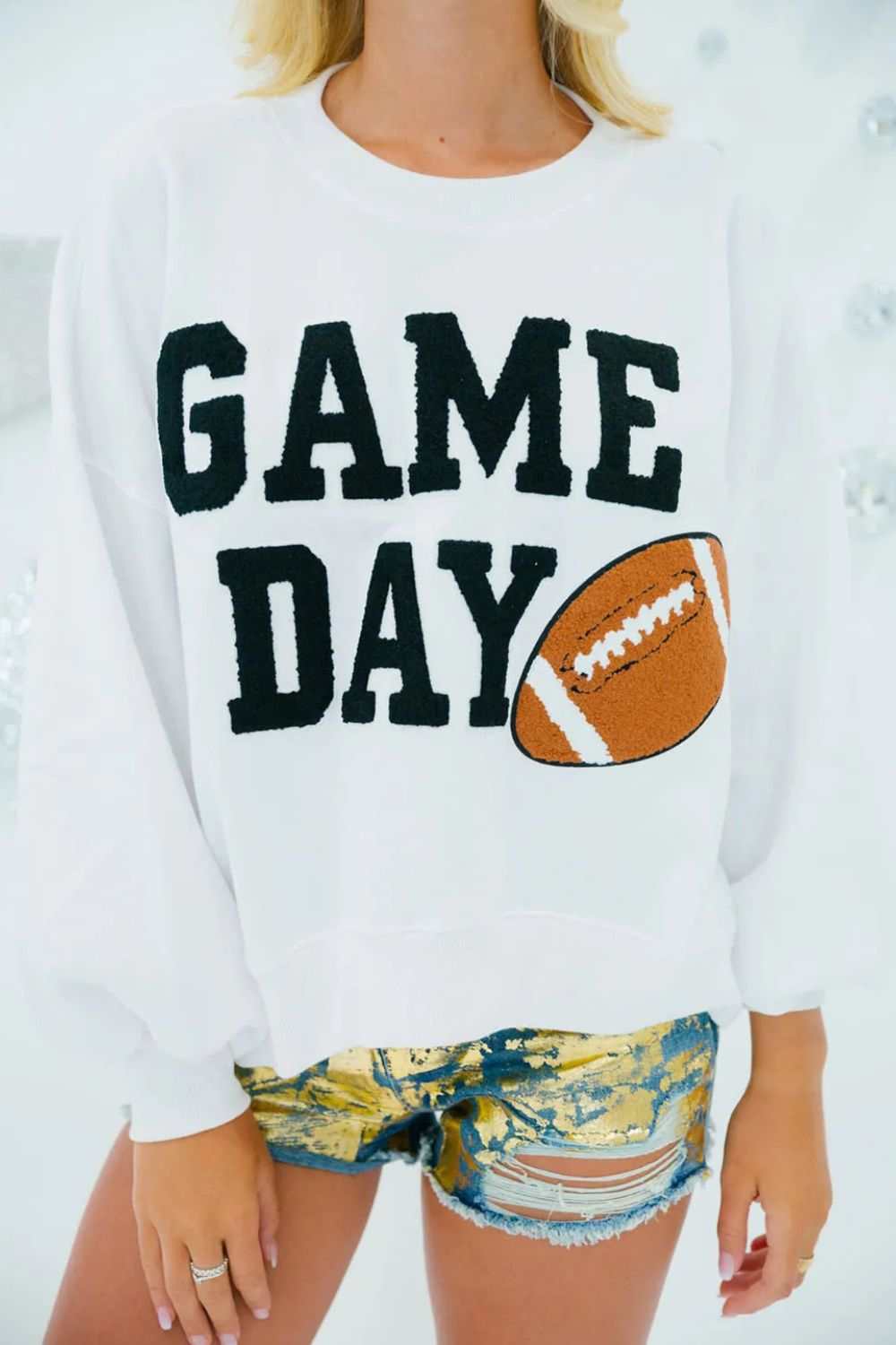 GAME DAY Round Neck Long Sleeve Sweatshirt, white, football design, casual wear