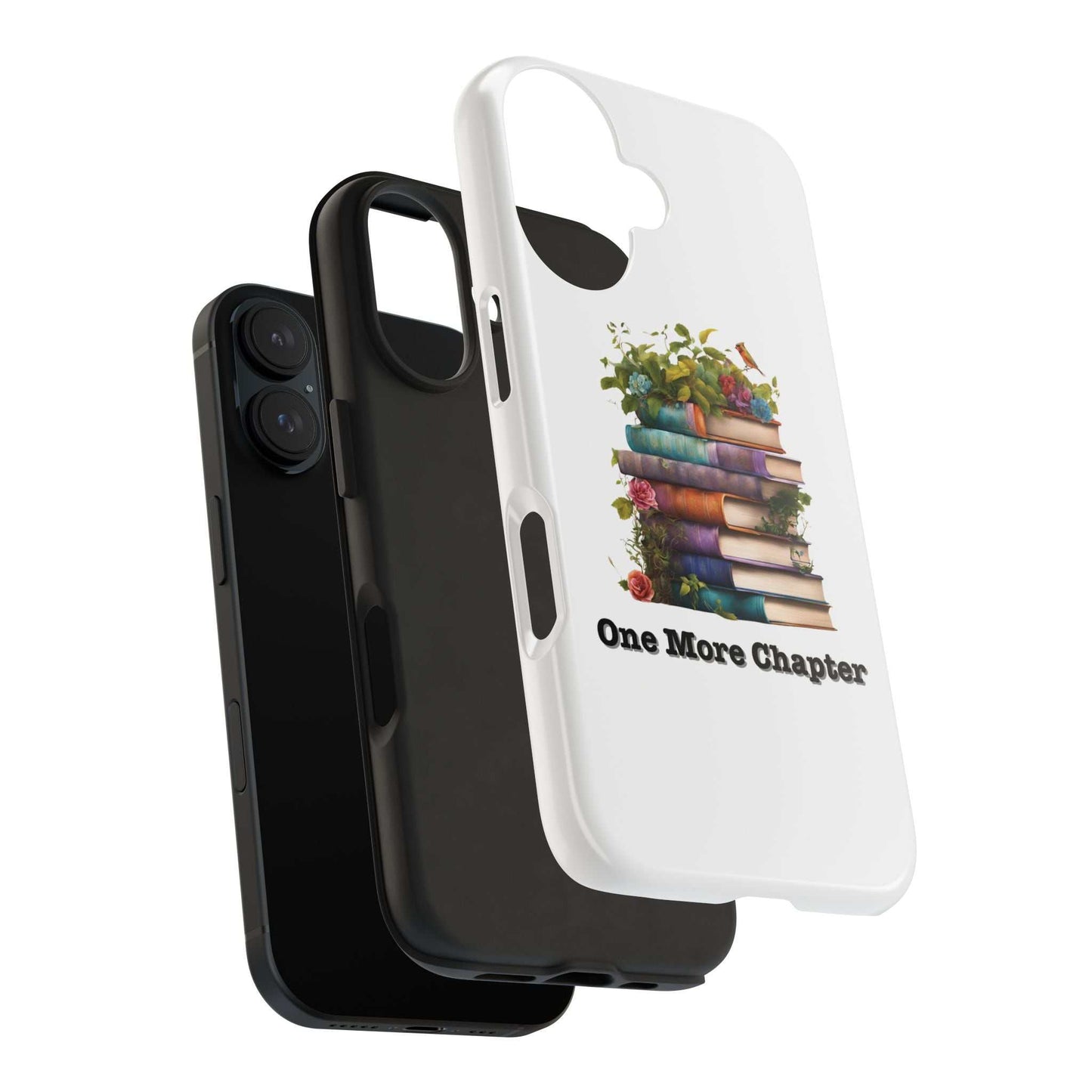 Phone case with a book pile design and "One More Chapter" text, perfect for book lovers.