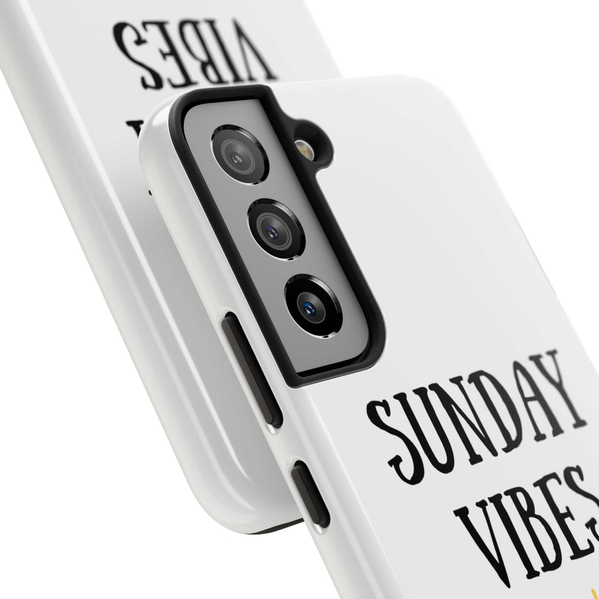 Phone case with 'Sunday Vibes' sun graphic design, durable Lexan plastic.