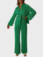 Collared neck long sleeve top and pants lounge set in green, buttoned, two-piece, polyester.