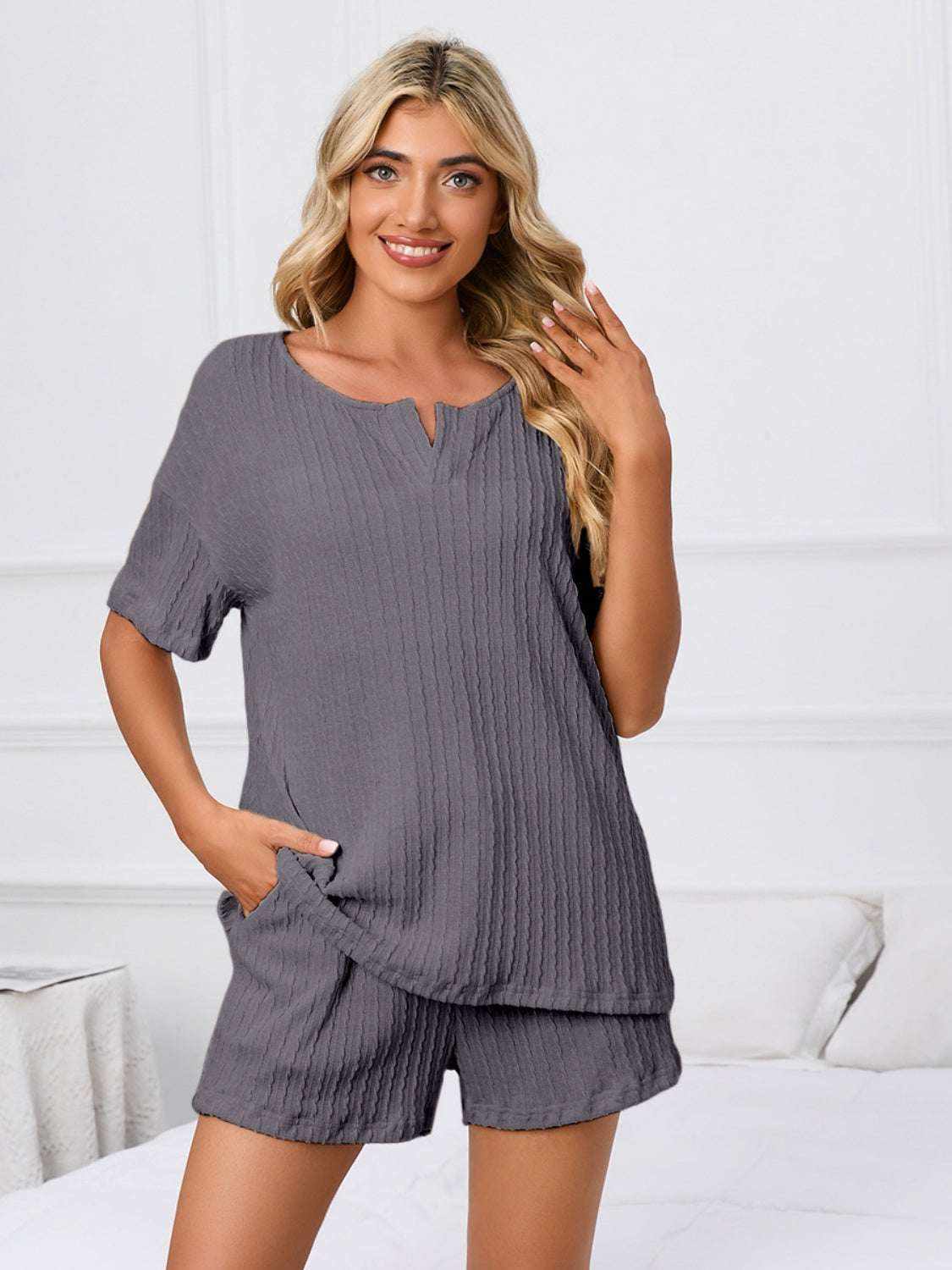 Notched short sleeve lounge set in gray with ribbed texture.