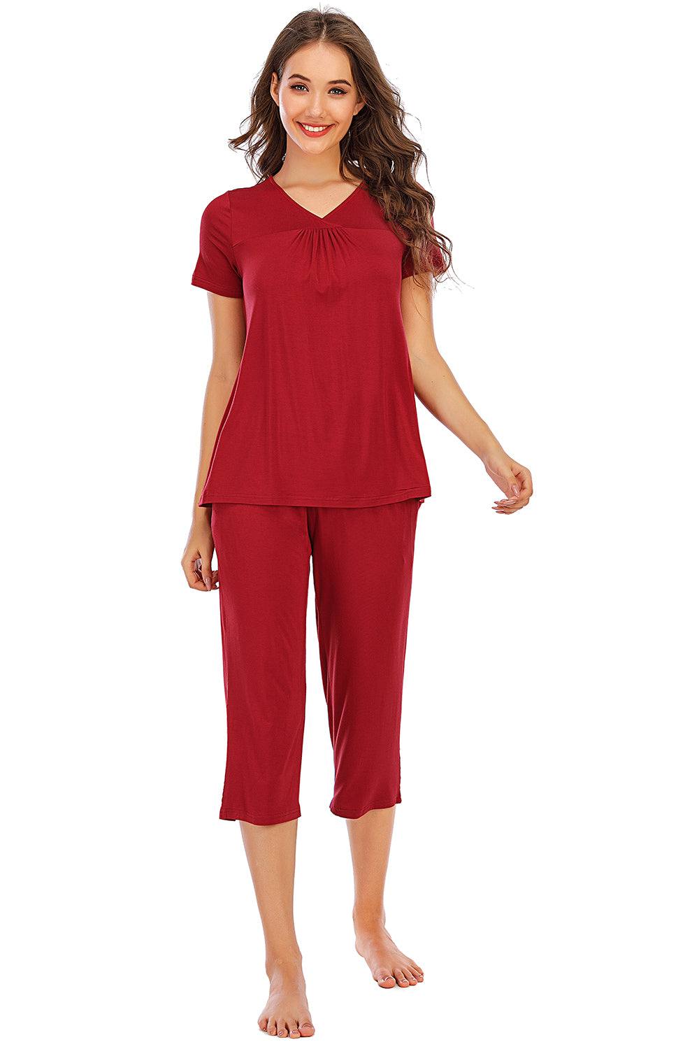 V-Neck Short Sleeve Top and Pants Lounge Set in red, stretchy rayon-spandex material, comfortable two-piece outfit.