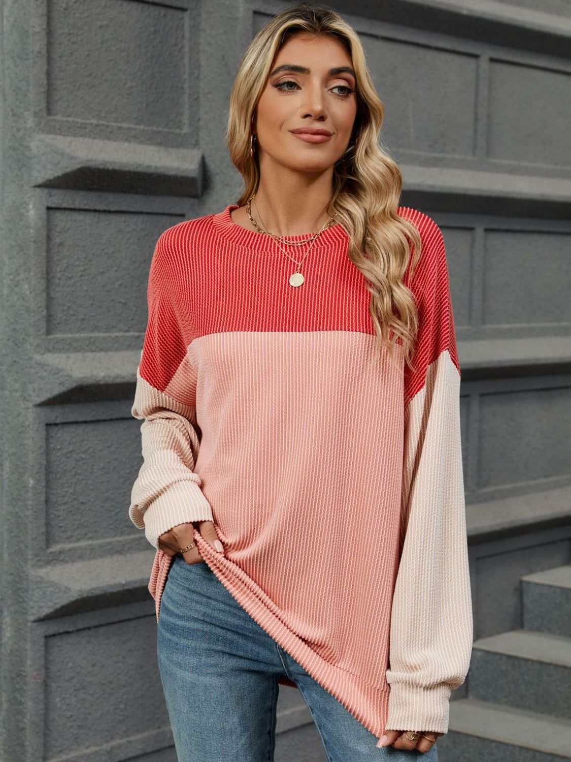 Double Take Contrast Round Neck Long Sleeve T-Shirt Strawberry