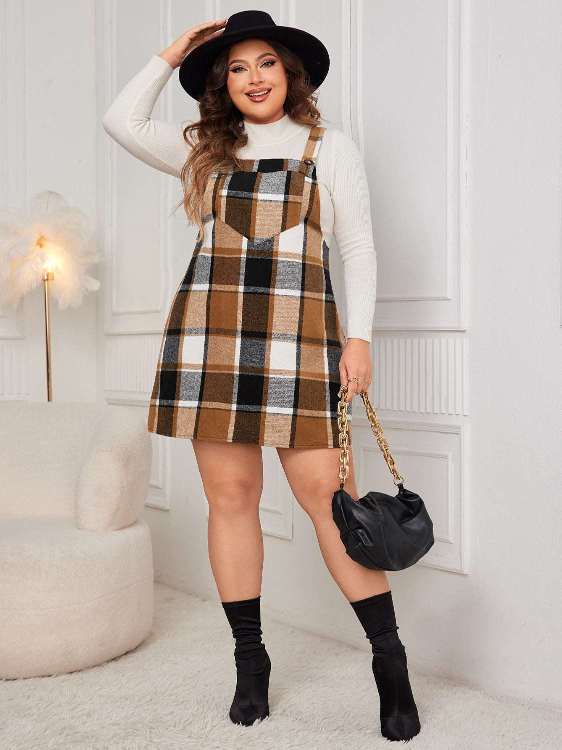 Honey Plus Size Plaid Wide Strap Overall Dress Caramel