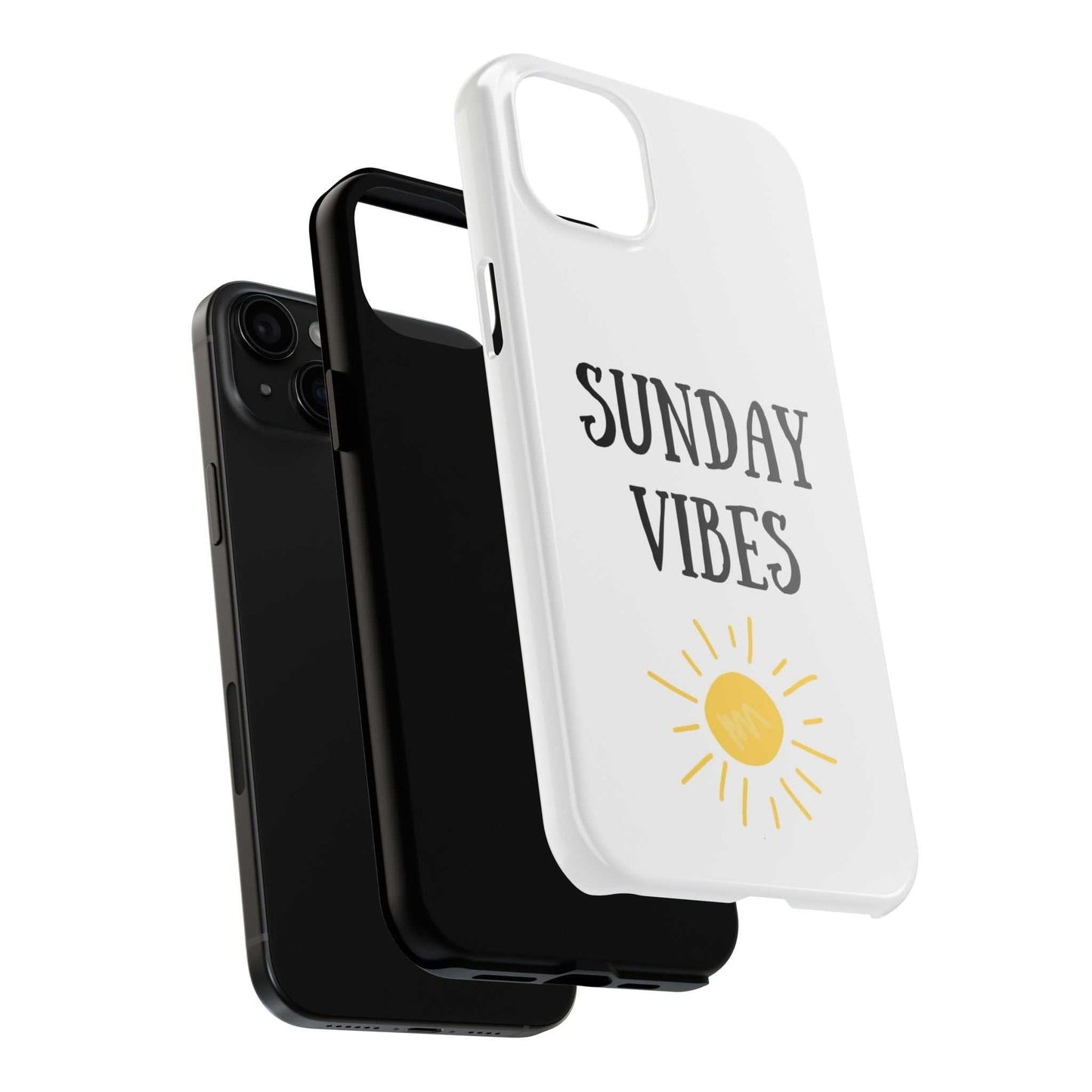 Phone case with 'Sunday Vibes' sun graphic design, durable Lexan plastic.